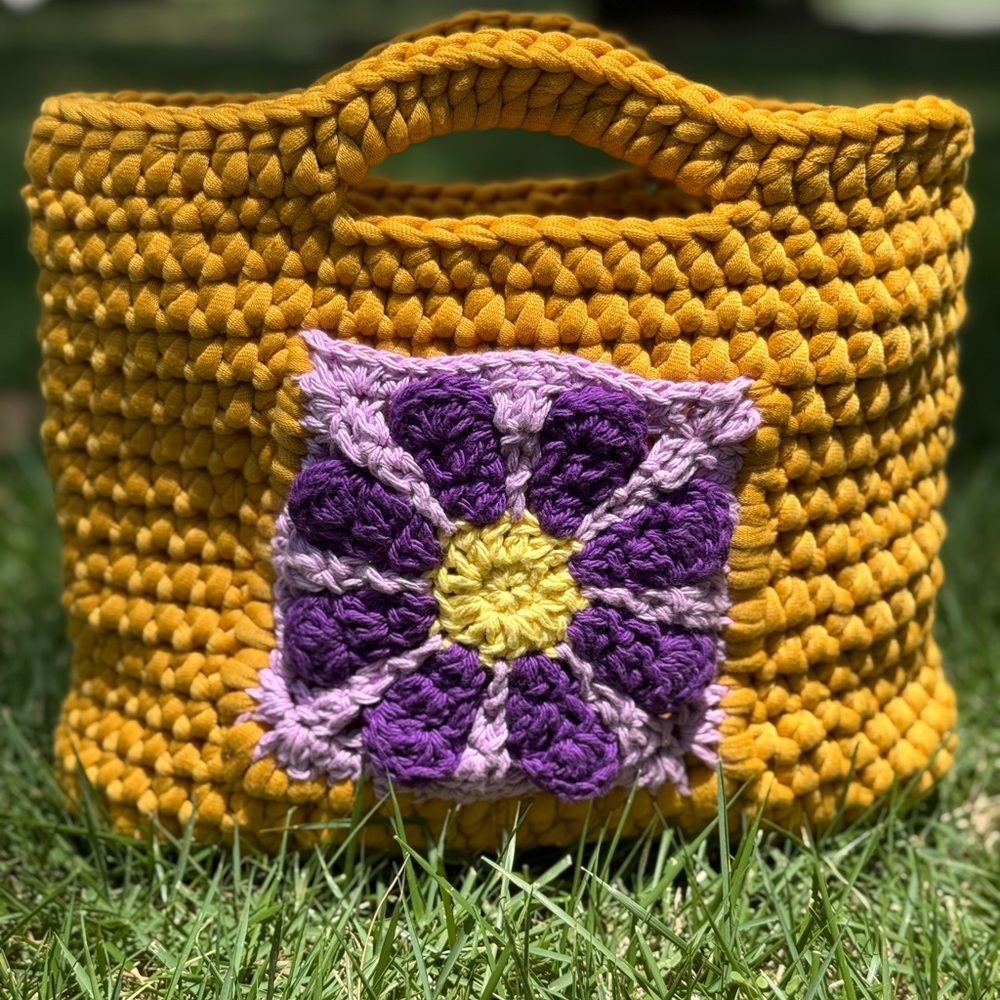 Handcrafted Yellow and Purple Crochet Tote Bag